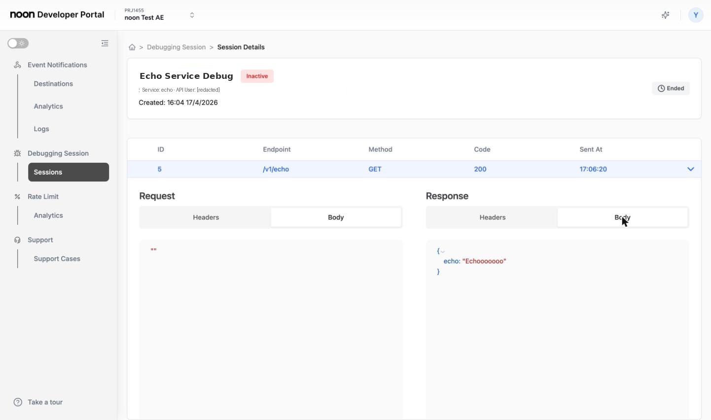 Session details page with a row expanded, showing Request and Response bodies