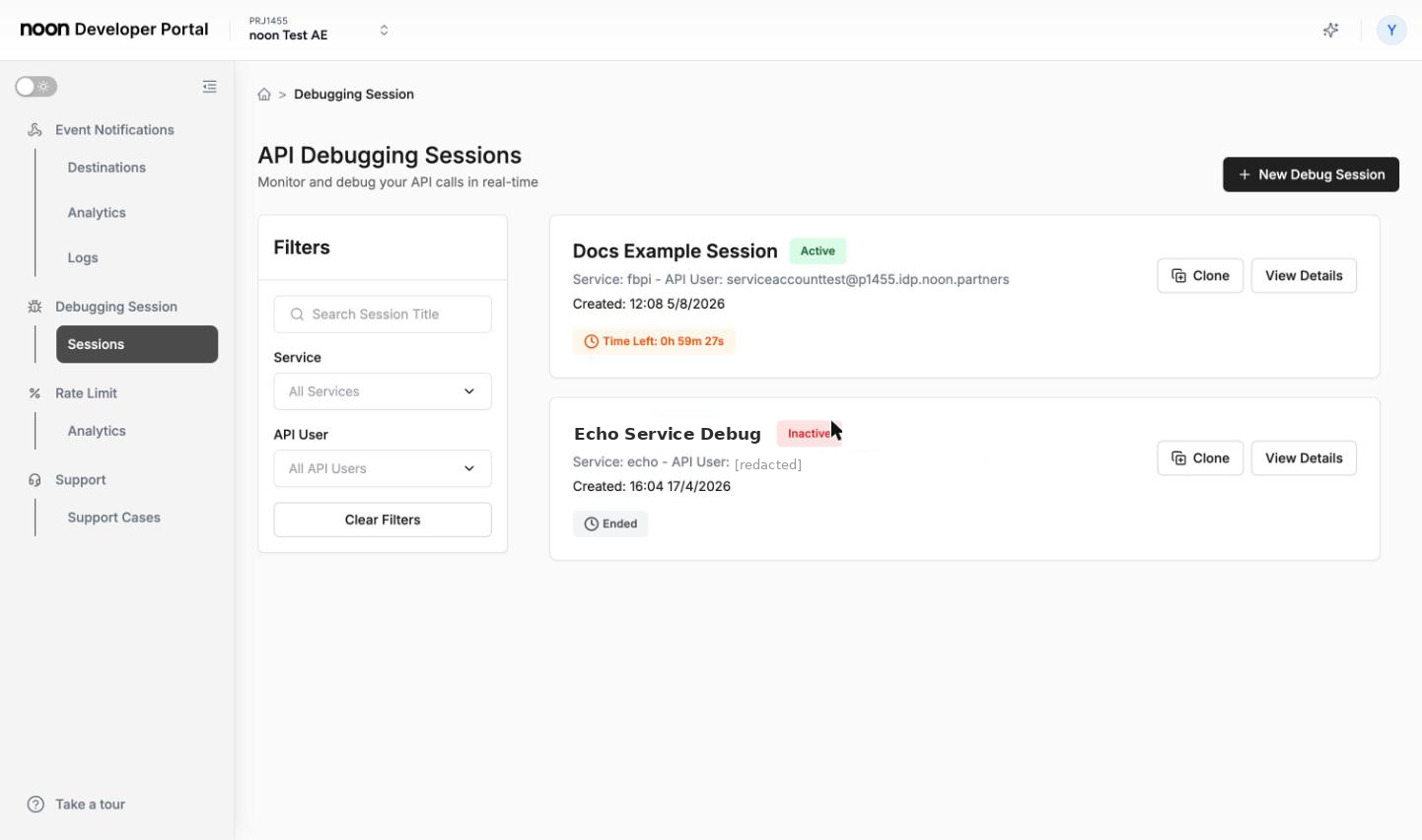 Debugging Sessions list showing an Active session with a countdown, and an Ended session