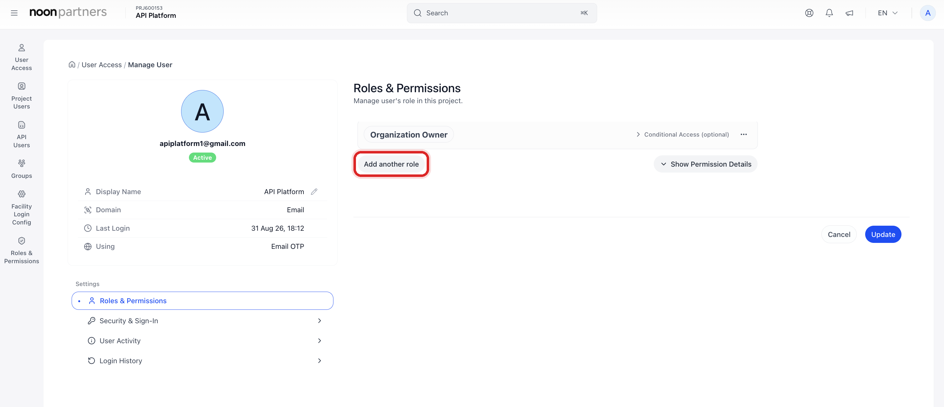 The Roles & Permissions page for a service account