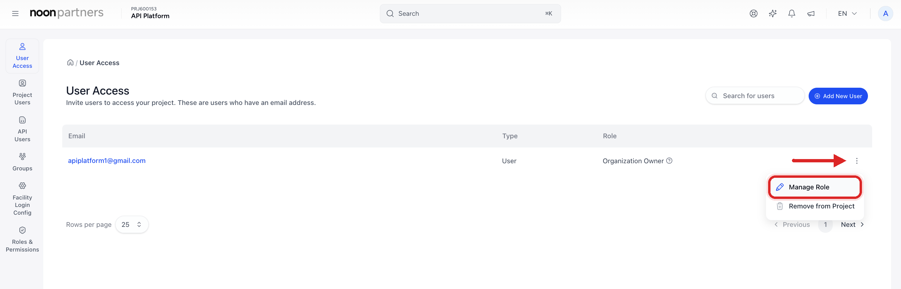 A service account listed on the User Access page