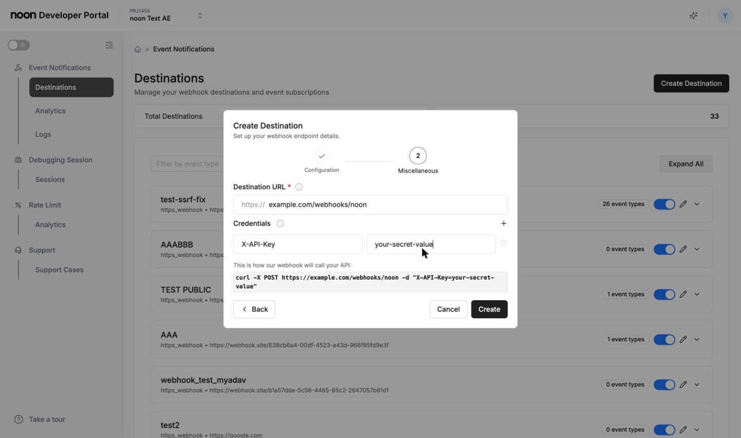Create Destination dialog, Miscellaneous step with a URL and one credential pair filled in