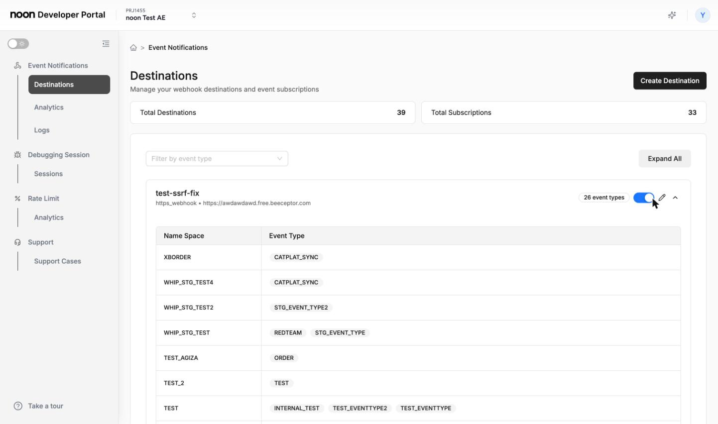 An expanded destination showing its subscribed events grouped by namespace