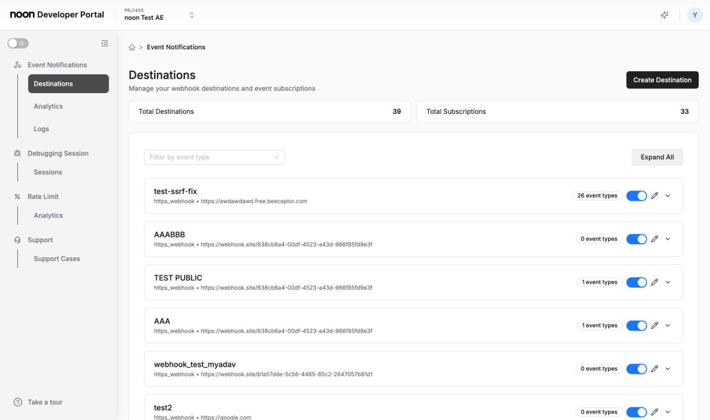 Destinations page with summary cards and the destination list