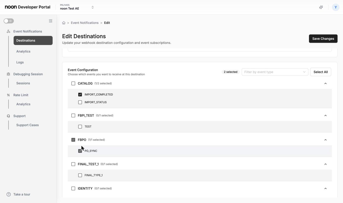 Edit Destinations page with the Event Configuration section expanded, showing 2 events selected