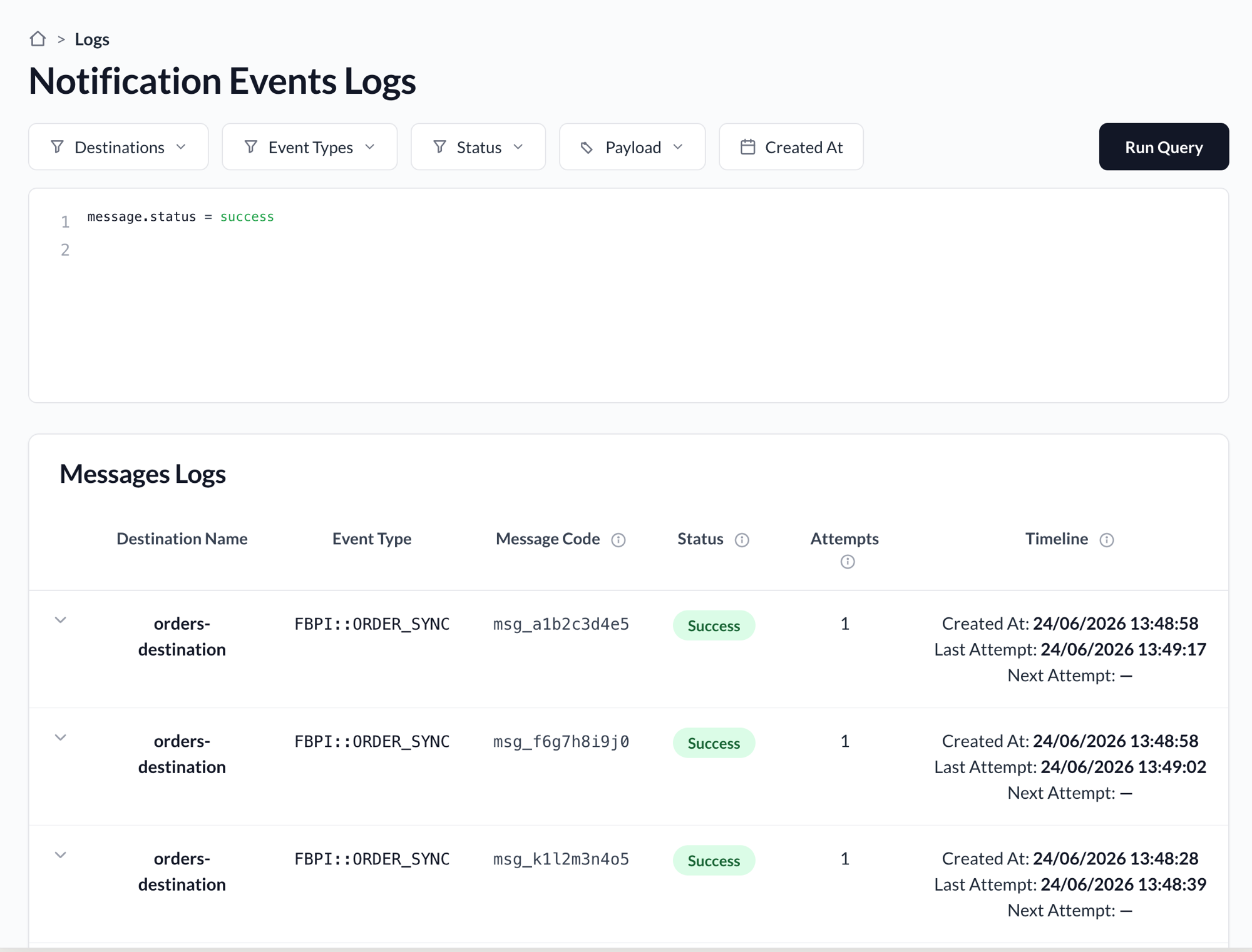 Query editor showing results for message.status=success