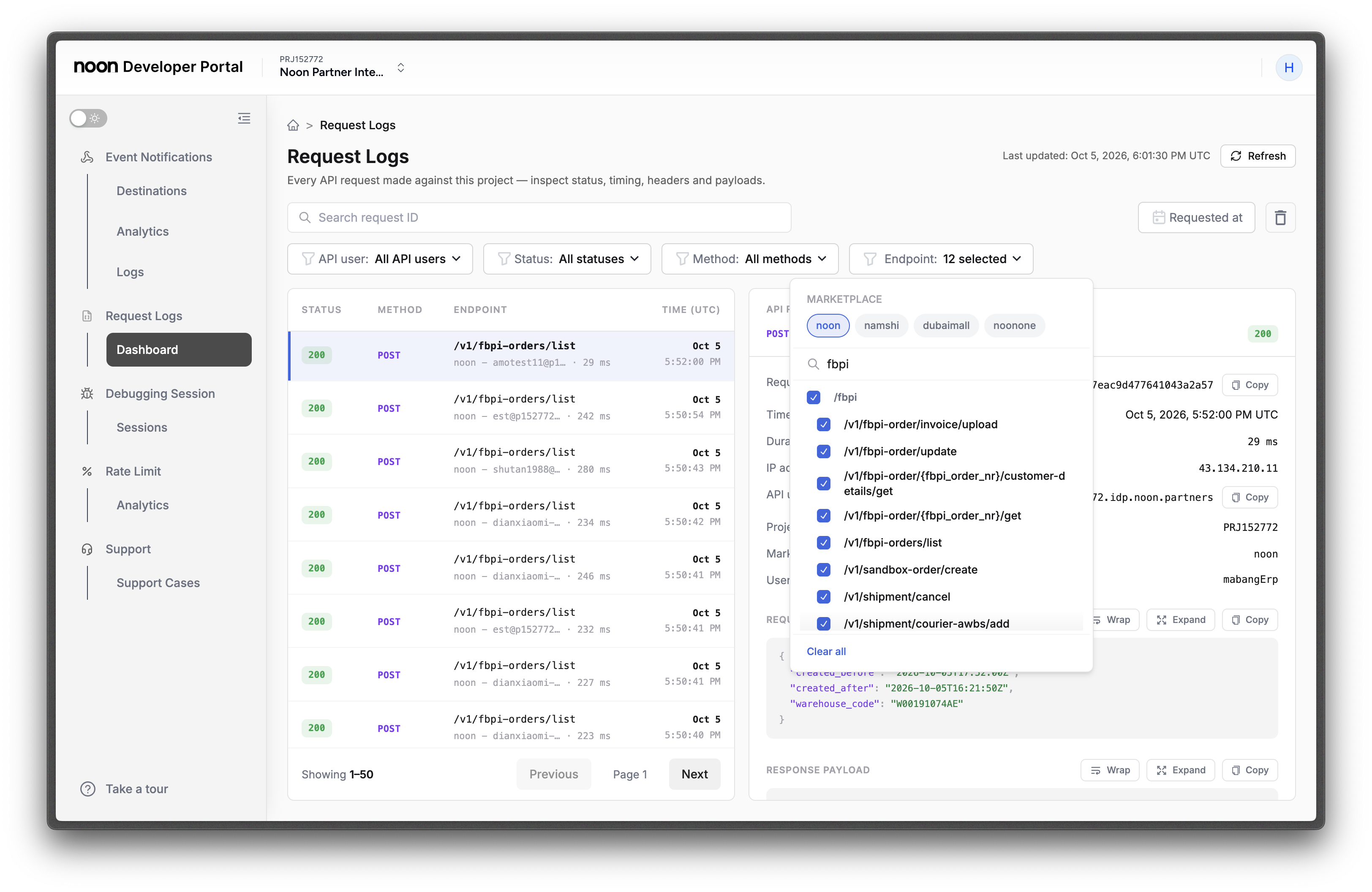 Endpoint filter open with the noon marketplace selected and all /fbpi endpoints checked