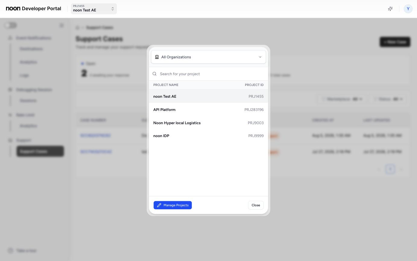 Project selector dialog listing available projects by name and ID